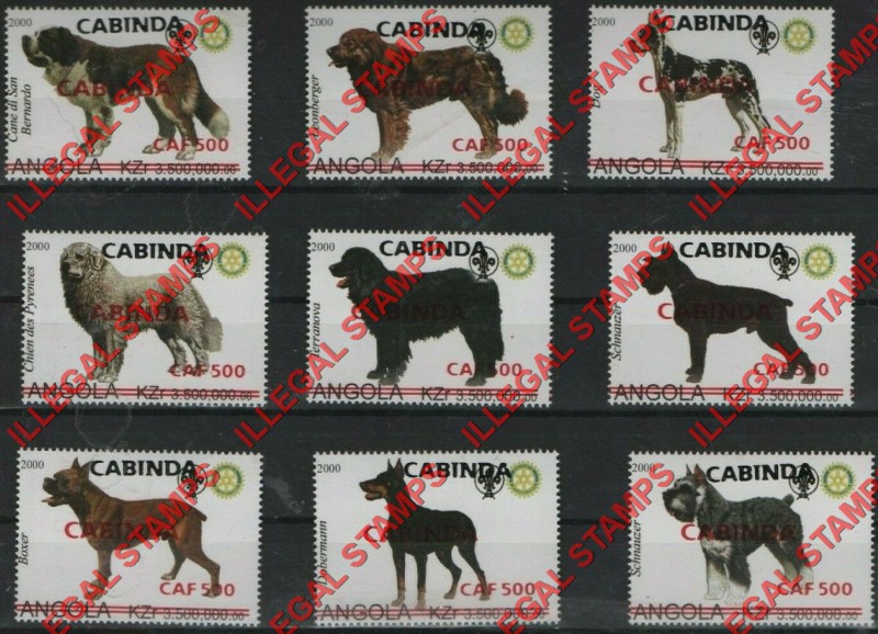 Cabinda 2000 Angola 2000 Dogs of the World with Scouts Logo Counterfeit Illegal Stamp Set of 9 Overprinted in Red Cabinda 2000 Angola 2000 Dogs of the World with Scouts Logo Counterfeit Illegal Stamp Set of 9 Overprinted in Red
