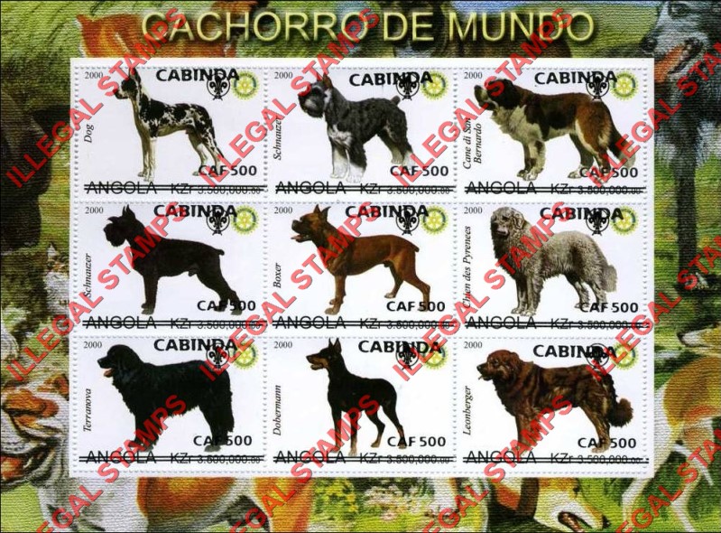 Cabinda 2000 Angola 2000 Dogs of the World with Scouts Logo Counterfeit Illegal Stamp Souvenir Sheet of 9 Overprinted in Black Cabinda 2000 Angola 2000 Dogs of the World with Scouts Logo Counterfeit Illegal Stamp Souvenir Sheet of 9 Overprinted in Black