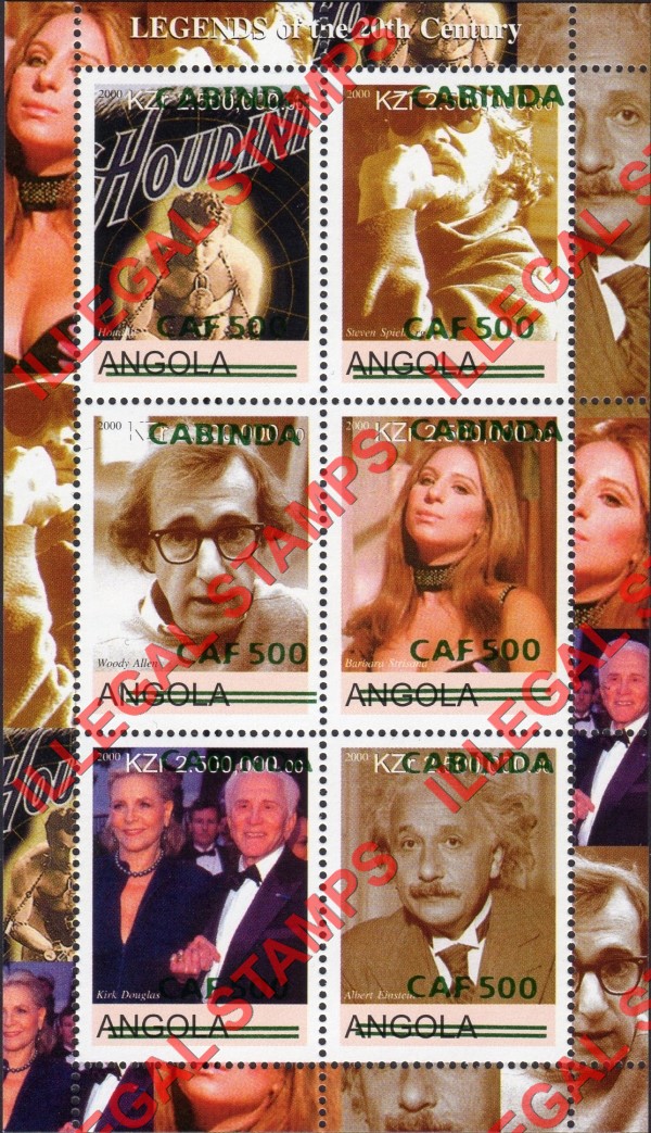 Cabinda 2000 Angola 2000 Legends of the 20th Century Counterfeit Illegal Stamp Souvenir Sheet of 6 Overprinted Cabinda 2000 Angola 2000 Legends of the 20th Century Counterfeit Illegal Stamp Souvenir Sheet of 6 Overprinted