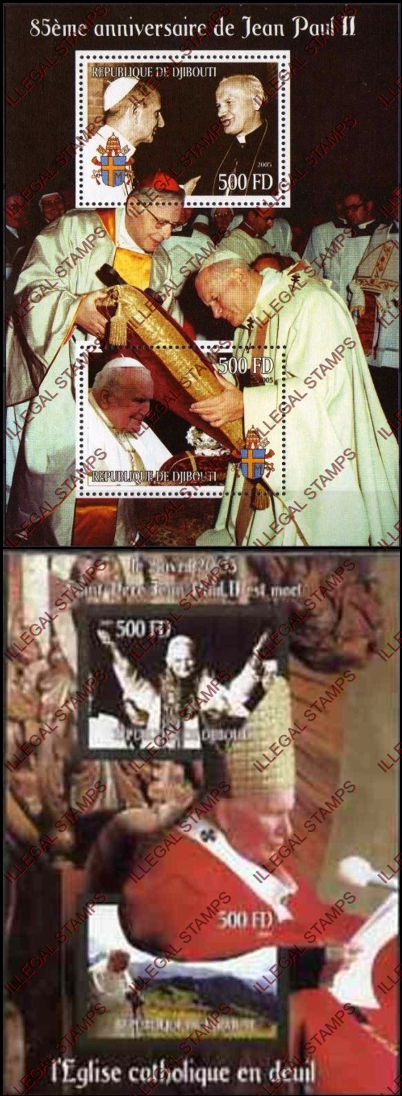 Djibouti 2005 Pope John Paul Illegal Stamp Souvenir Sheets of 1 Djibouti 2005 Pope John Paul Illegal Stamp Souvenir Sheets of 1