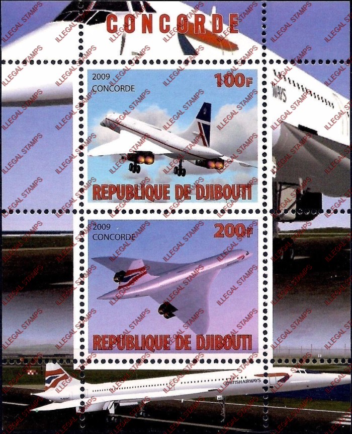 Djibouti 2009 Concorde Illegal Stamp Souvenir Sheet of 2 Djibouti 2009 Concorde Illegal Stamp Souvenir Sheet of 2