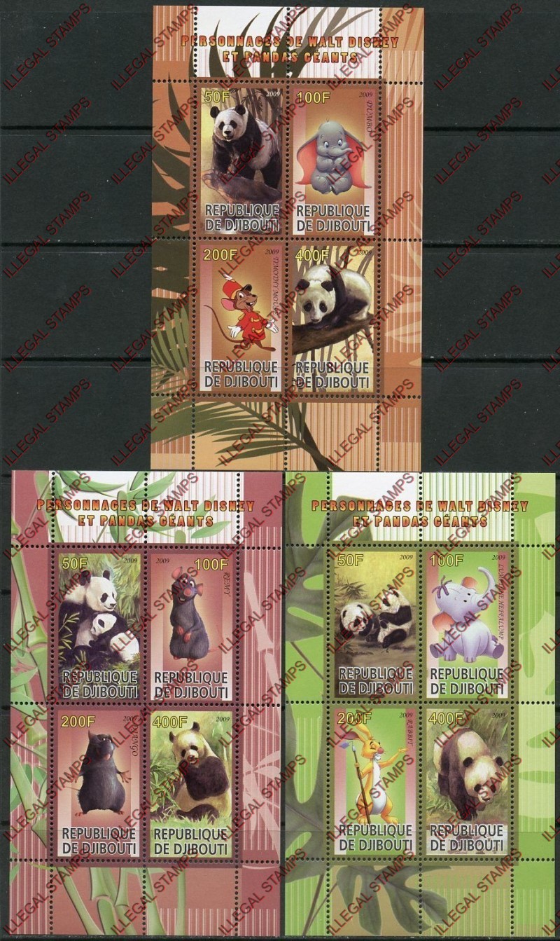Djibouti 2009 Panda Giants and Disney Characters Illegal Stamp Souvenir Sheets of 4 Djibouti 2009 Panda Giants and Disney Characters Illegal Stamp Souvenir Sheets of 4