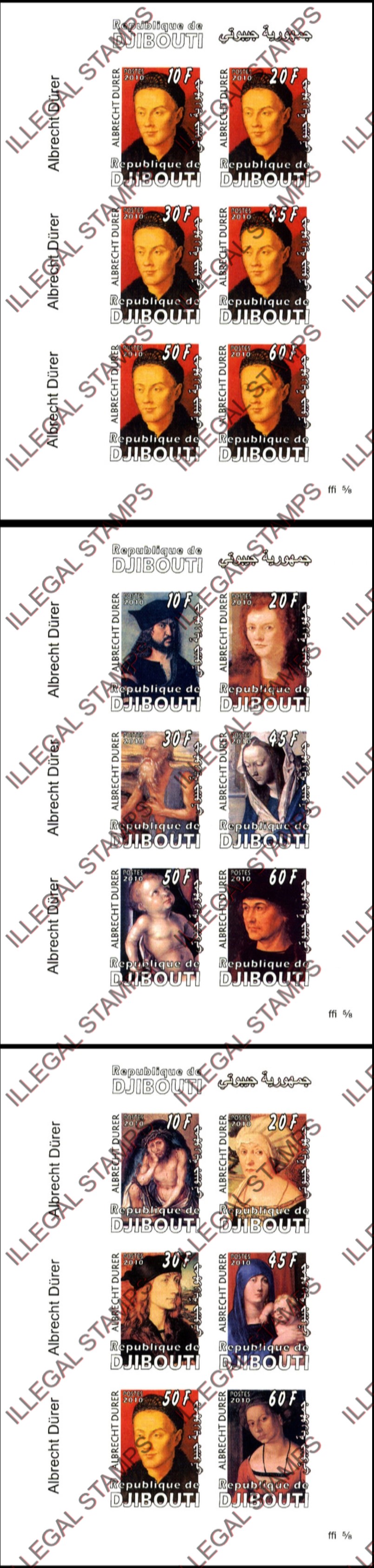 Djibouti 2010 Durer Paintings Illegal Stamp Sheetlets of 6 Djibouti 2010 Durer Paintings Illegal Stamp Sheetlets of 6