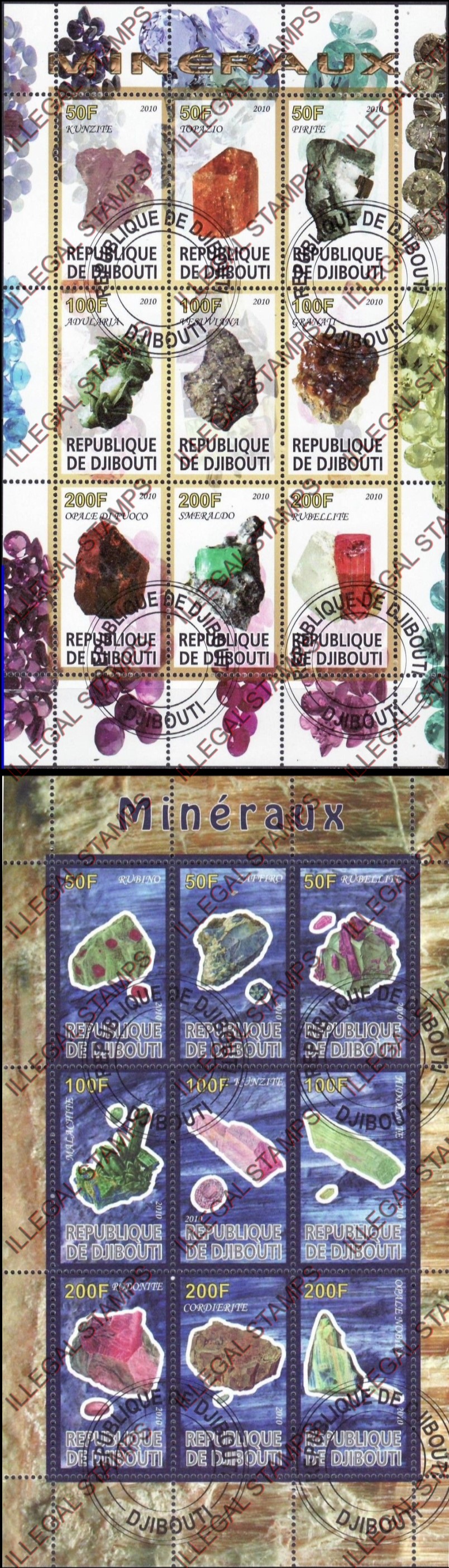 Djibouti 2010 Minerals Illegal Stamp Sheetlets of 9 Djibouti 2010 Minerals Illegal Stamp Sheetlets of 9