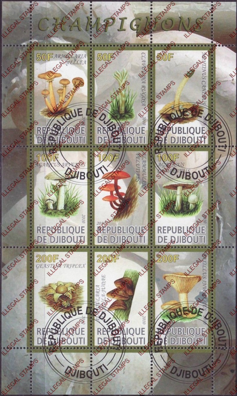 Djibouti 2010 Mushrooms Illegal Stamp Sheetlet of 9 Djibouti 2010 Mushrooms Illegal Stamp Sheetlet of 9