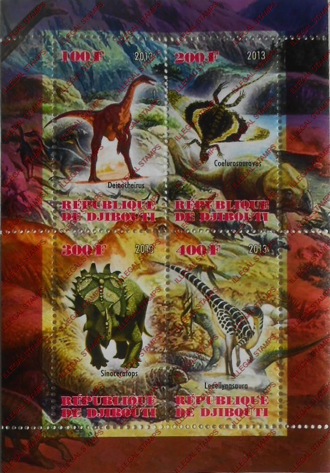 Djibouti 2013 Dinosaurs Illegal Stamp Souvenir Sheet of 4 Djibouti 2013 Dinosaurs Illegal Stamp Souvenir Sheet of 4