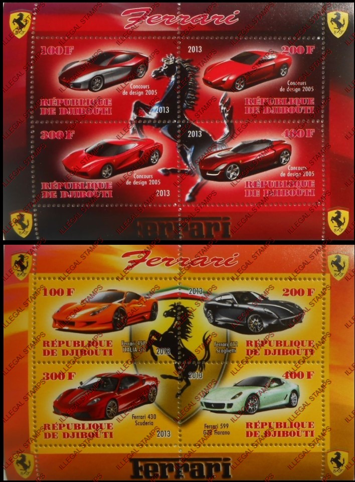 Djibouti 2013 Ferrari Illegal Stamp Souvenir Sheets of 4 Djibouti 2013 Ferrari Illegal Stamp Souvenir Sheets of 4