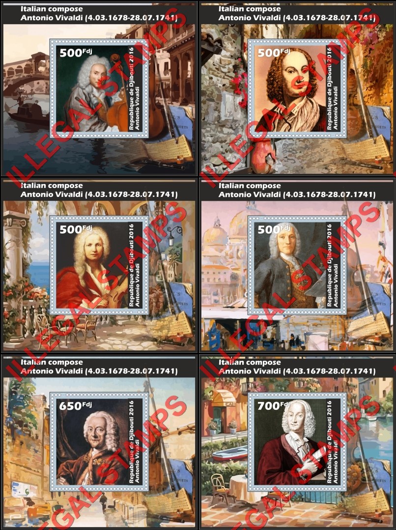 Djibouti 2016 Antonio Vivaldi Italian Composer Illegal Stamp Souvenir Sheets of 1 Djibouti 2016 Antonio Vivaldi Italian Composer Illegal Stamp Souvenir Sheets of 1