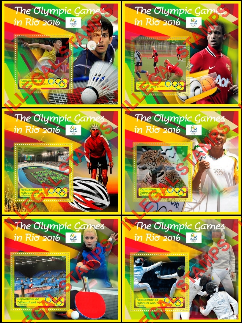 Djibouti 2016 Olympic Games in Rio Illegal Stamp Souvenir Sheets of 1 Djibouti 2016 Olympic Games in Rio Illegal Stamp Souvenir Sheets of 1