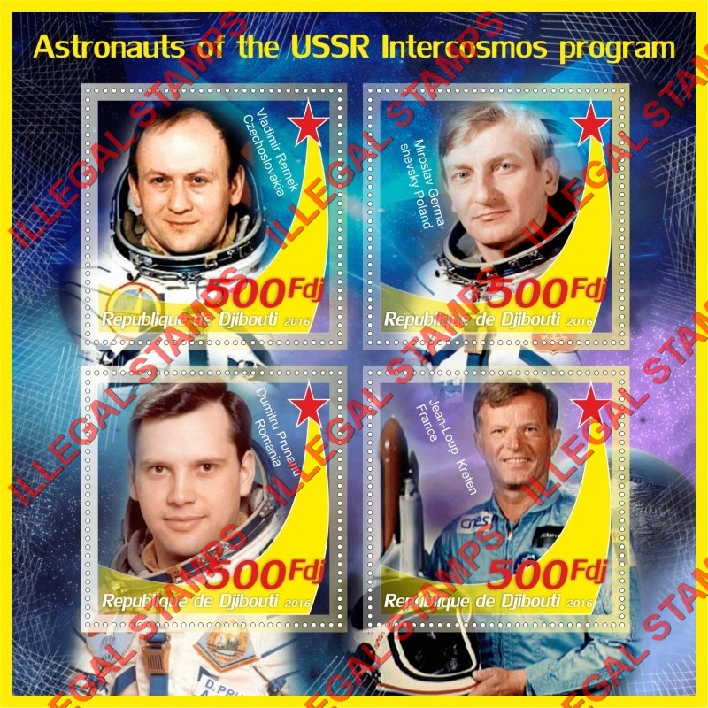 Djibouti 2016 Space Astronauts of the USSR Intercosmos Program Illegal Stamp Souvenir Sheet of 4 Djibouti 2016 Space Astronauts of the USSR Intercosmos Program Illegal Stamp Souvenir Sheet of 4