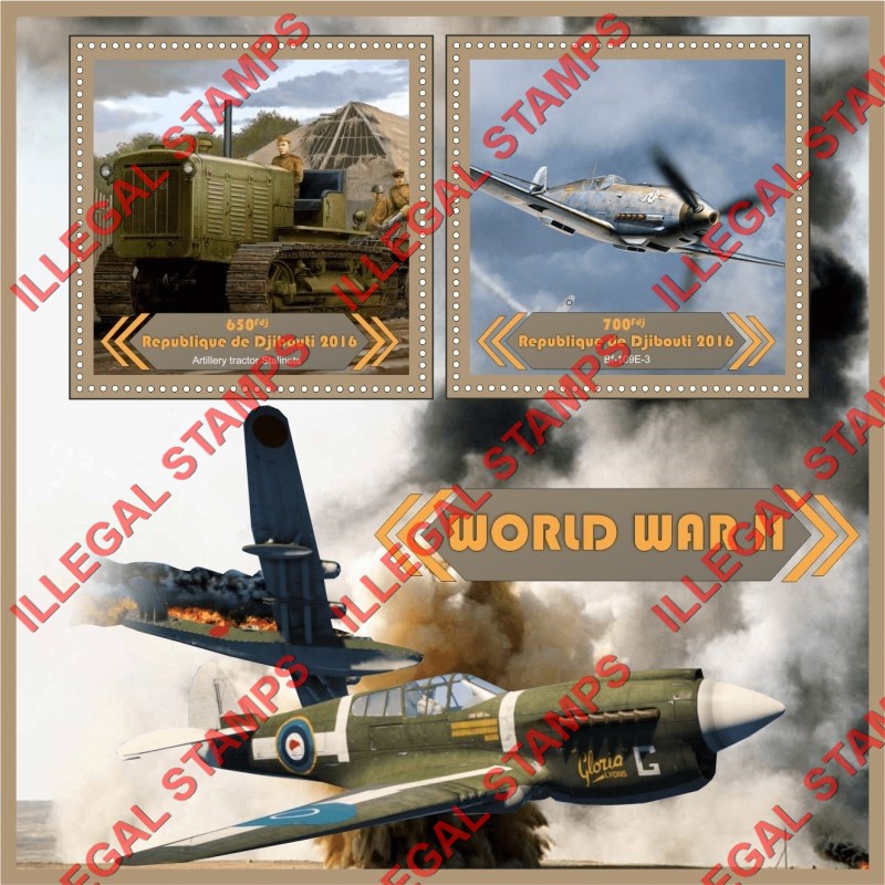 Djibouti 2016 World War II Illegal Stamp Souvenir Sheet of 2 Djibouti 2016 World War II Illegal Stamp Souvenir Sheet of 2