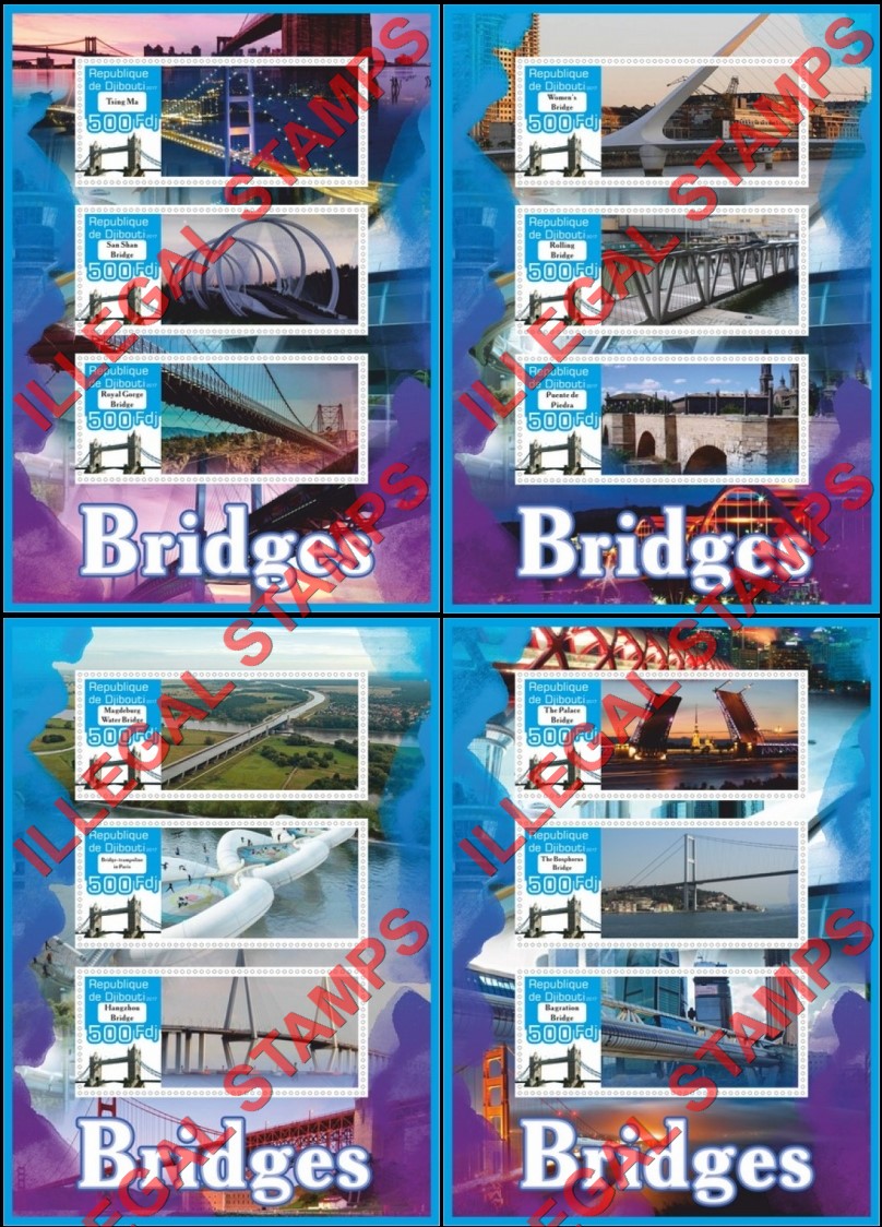 Djibouti 2017 Bridges Illegal Stamp Souvenir Sheets of 3 Djibouti 2017 Bridges Illegal Stamp Souvenir Sheets of 3