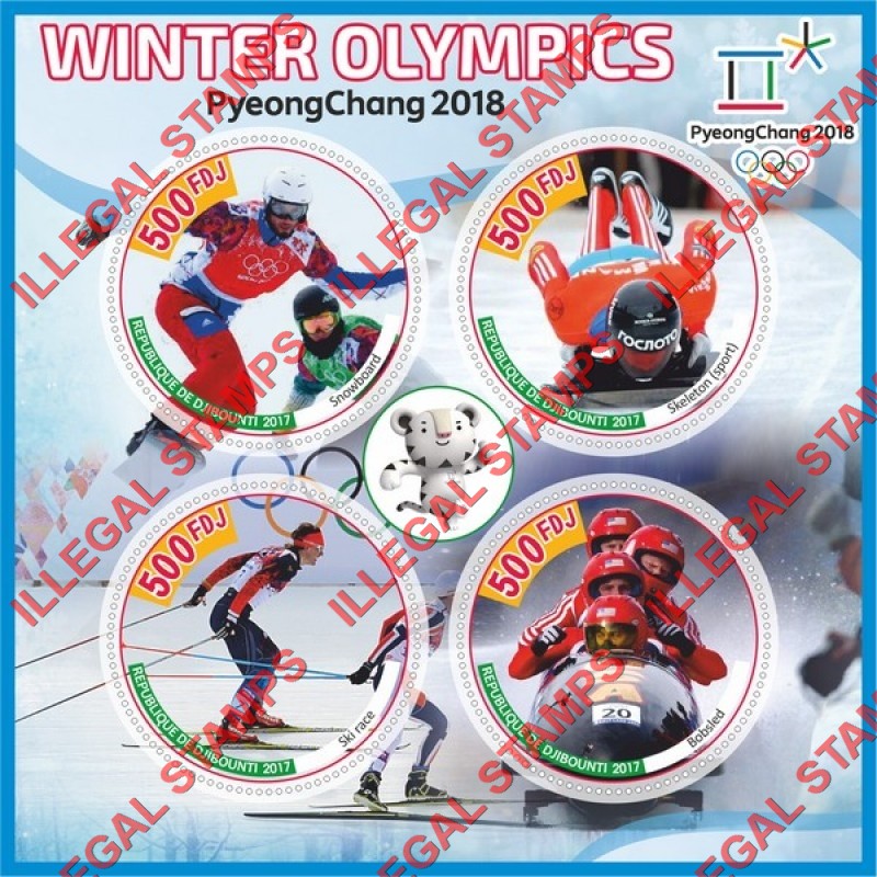 Djibouti 2017 Winter Olympic Games in PyeongChang 2018 (different) Illegal Stamp Souvenir Sheet of 4 Djibouti 2017 Winter Olympic Games in PyeongChang 2018 (different) Illegal Stamp Souvenir Sheet of 4