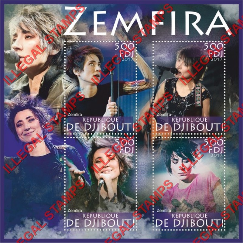 Djibouti 2017 Zemfira Illegal Stamp Souvenir Sheet of 4 Djibouti 2017 Zemfira Illegal Stamp Souvenir Sheet of 4