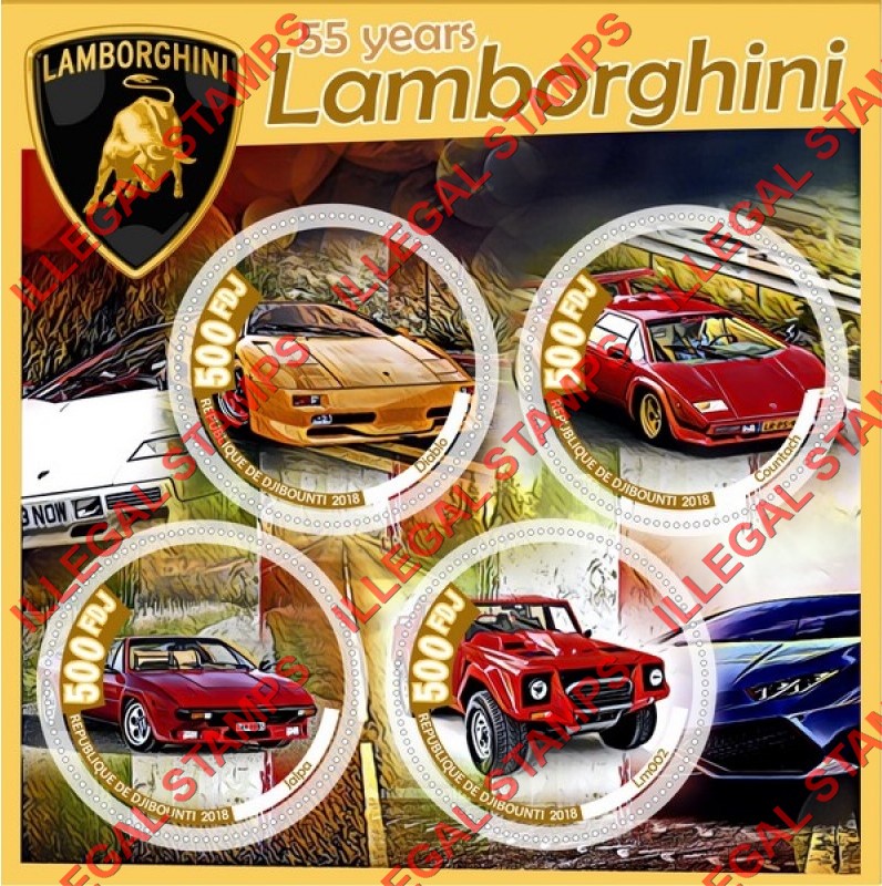Djibouti 2018 Lamborghini Illegal Stamp Souvenir Sheet of 4 Djibouti 2018 Lamborghini Illegal Stamp Souvenir Sheet of 4