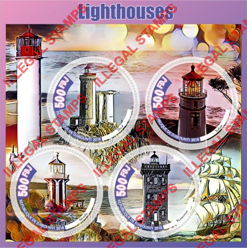 Djibouti 2018 Lighthouses (different b) Illegal Stamp Souvenir Sheet of 4 Djibouti 2018 Lighthouses (different b) Illegal Stamp Souvenir Sheet of 4