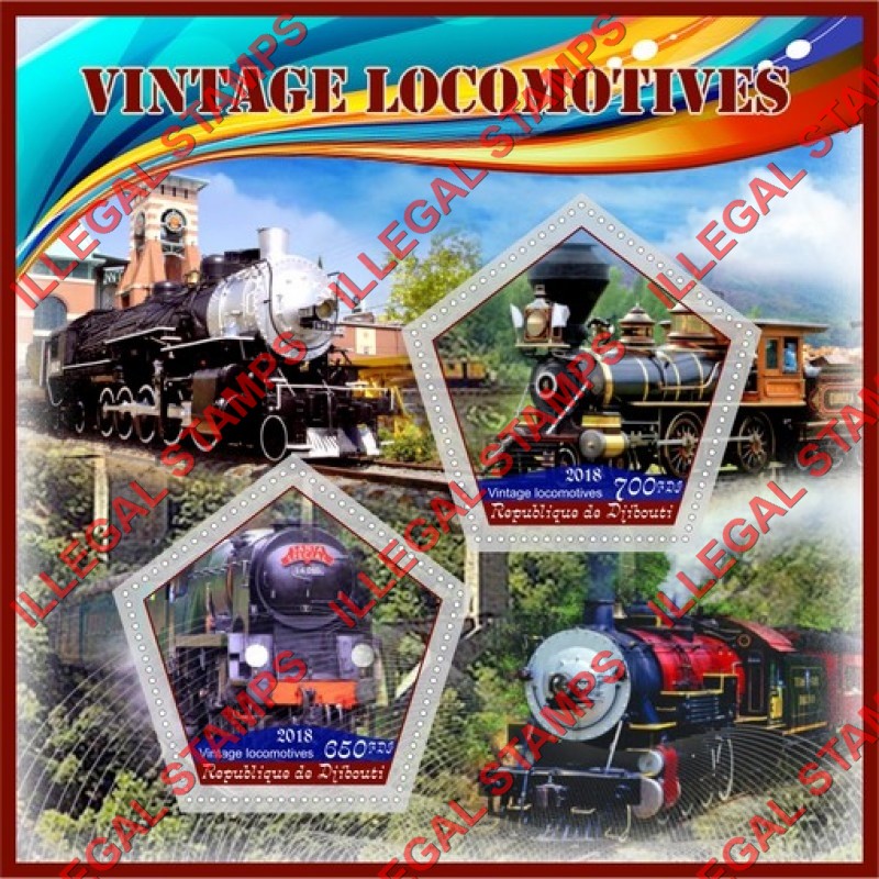 Djibouti 2018 Vintage Locomotives Illegal Stamp Souvenir Sheet of 2 Djibouti 2018 Vintage Locomotives Illegal Stamp Souvenir Sheet of 2