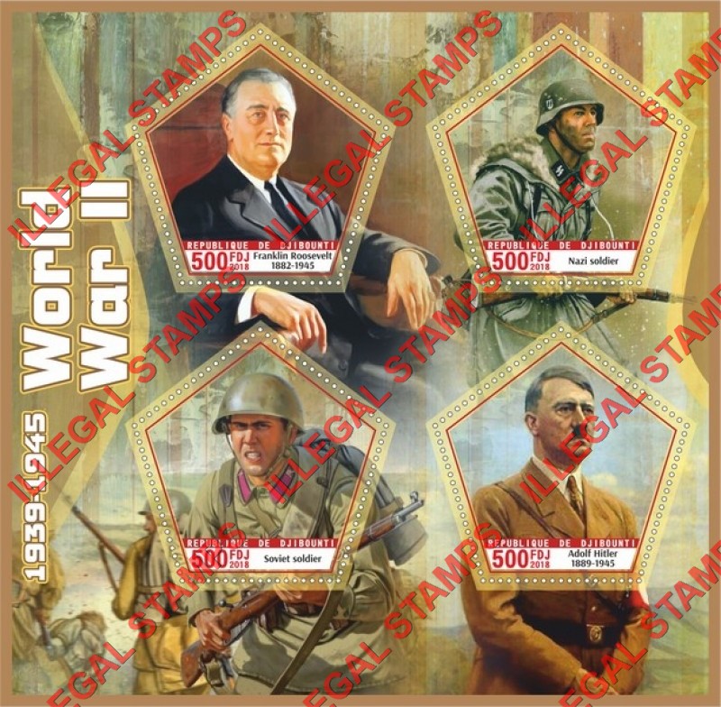 Djibouti 2018 World War II Illegal Stamp Souvenir Sheet of 4 Djibouti 2018 World War II Illegal Stamp Souvenir Sheet of 4