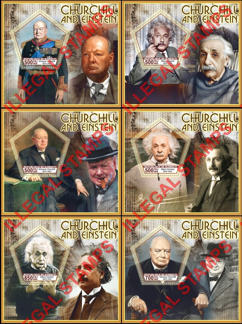 Djibouti 2019 Winston Churchill and Albert Einstein Illegal Stamp Souvenir Sheets of 1 Djibouti 2019 Winston Churchill and Albert Einstein Illegal Stamp Souvenir Sheets of 1