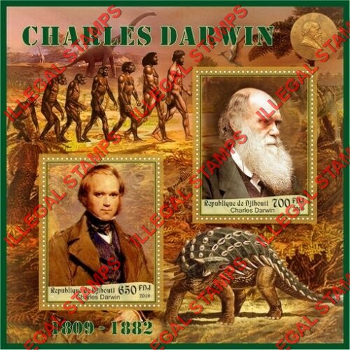 Djibouti 2019 Charles Darwin and Dinosaurs Illegal Stamp Souvenir Sheet of 2 Djibouti 2019 Charles Darwin and Dinosaurs Illegal Stamp Souvenir Sheet of 2