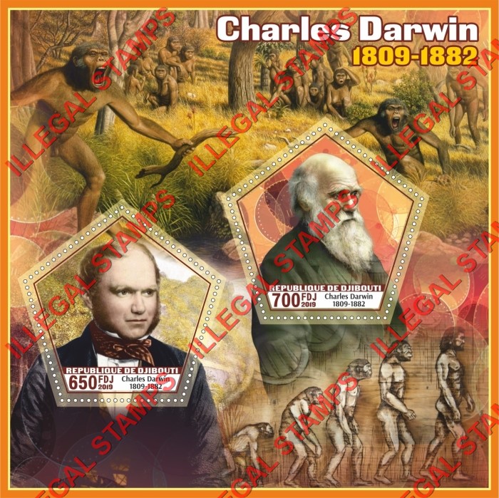 Djibouti 2019 Charles Darwin and Prehistoric Man Illegal Stamp Souvenir Sheet of 2 Djibouti 2019 Charles Darwin and Prehistoric Man Illegal Stamp Souvenir Sheet of 2