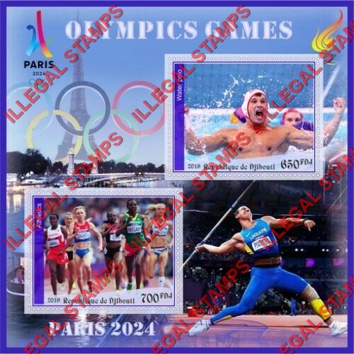 Djibouti 2019 Olympic Games in Paris 2024 Illegal Stamp Souvenir Sheet of 2 Djibouti 2019 Olympic Games in Paris 2024 Illegal Stamp Souvenir Sheet of 2