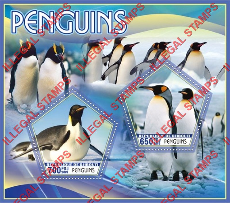Djibouti 2019 Penguins Illegal Stamp Souvenir Sheet of 2 Djibouti 2019 Penguins Illegal Stamp Souvenir Sheet of 2