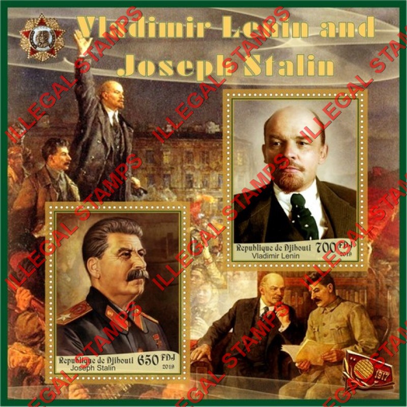 Djibouti 2019 Stalin and Lenin (different) Illegal Stamp Souvenir Sheet of 2 Djibouti 2019 Stalin and Lenin (different) Illegal Stamp Souvenir Sheet of 2