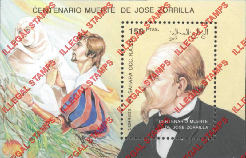 Sahara Occ. RASD 1993 Jose Zorrilla Playwrite Counterfeit Illegal Stamp Souvenir Sheet of 1 Sahara Occ. RASD 1993 Jose Zorrilla Playwrite Counterfeit Illegal Stamp Souvenir Sheet of 1