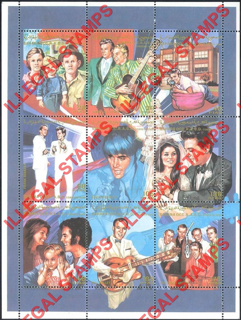 Sahara Occ. RASD 1996 Elvis Presley Counterfeit Illegal Stamp Souvenir Sheet of 9 Sahara Occ. RASD 1996 Elvis Presley Counterfeit Illegal Stamp Souvenir Sheet of 9
