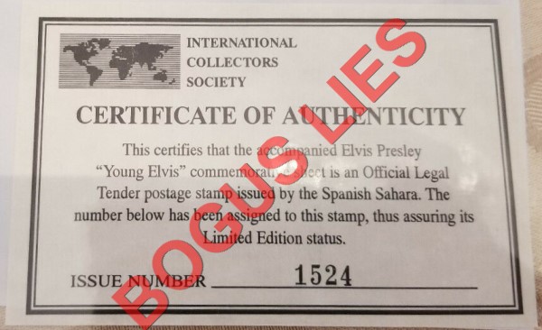 Sahara Occ. RASD 1996 Elvis Presley (Young Elvis) Counterfeit Illegal Stamp Souvenir Sheet of 1 Bogus ICS Certificate Sahara Occ. RASD 1996 Elvis Presley (Young Elvis) Counterfeit Illegal Stamp Souvenir Sheet of 1 Bogus ICS Certificate