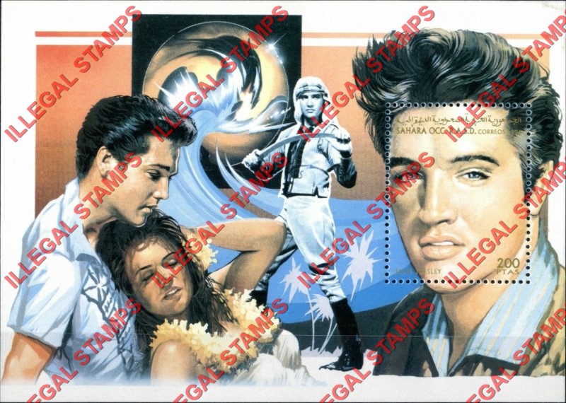 Sahara Occ. RASD 1996 Elvis Presley (The Shiek) Counterfeit Illegal Stamp Souvenir Sheet of 1 Sahara Occ. RASD 1996 Elvis Presley (The Shiek) Counterfeit Illegal Stamp Souvenir Sheet of 1