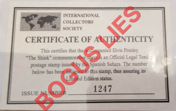 Sahara Occ. RASD 1996 Elvis Presley (The Shiek) Counterfeit Illegal Stamp Souvenir Sheet of 1 Bogus ICS Certificate Sahara Occ. RASD 1996 Elvis Presley (The Shiek) Counterfeit Illegal Stamp Souvenir Sheet of 1 Bogus ICS Certificate