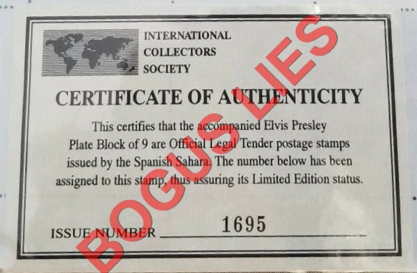 Sahara Occ. RASD 1996 Elvis Presley Counterfeit Illegal Stamp Souvenir Sheet of 9 Bogus ICS Certificate Sahara Occ. RASD 1996 Elvis Presley Counterfeit Illegal Stamp Souvenir Sheet of 9 Bogus ICS Certificate