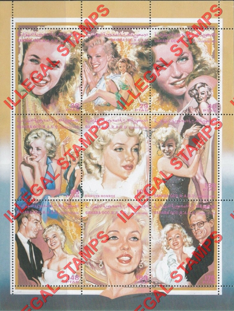 Sahara Occ. RASD 1996 Marilyn Monroe Counterfeit Illegal Stamp Souvenir Sheet of 9 Sahara Occ. RASD 1996 Marilyn Monroe Counterfeit Illegal Stamp Souvenir Sheet of 9