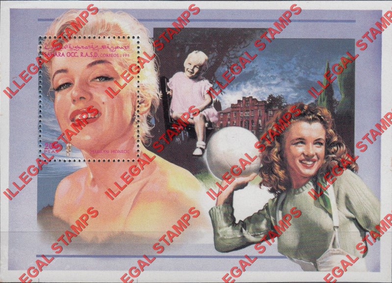 Sahara Occ. RASD 1996 Marilyn Monroe (Young Marilyn) Counterfeit Illegal Stamp Souvenir Sheet of 1 Sahara Occ. RASD 1996 Marilyn Monroe (Young Marilyn) Counterfeit Illegal Stamp Souvenir Sheet of 1