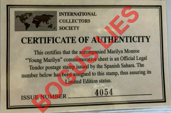 Sahara Occ. RASD 1996 Marilyn Monroe (Young Marilyn) Counterfeit Illegal Stamp Souvenir Sheet of 1 Bogus ICS Certificate Sahara Occ. RASD 1996 Marilyn Monroe (Young Marilyn) Counterfeit Illegal Stamp Souvenir Sheet of 1 Bogus ICS Certificate