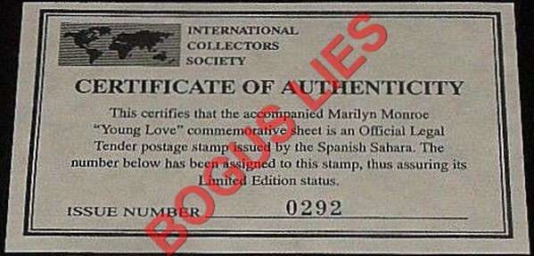 Sahara Occ. RASD 1996 Marilyn Monroe (Young Love) Counterfeit Illegal Stamp Souvenir Sheet of 1 Bogus ICS Certificate Sahara Occ. RASD 1996 Marilyn Monroe (Young Love) Counterfeit Illegal Stamp Souvenir Sheet of 1 Bogus ICS Certificate