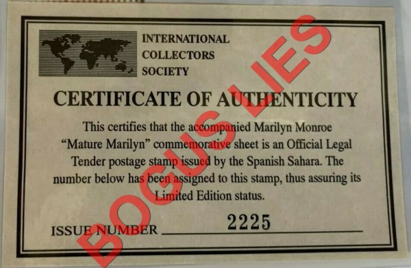Sahara Occ. RASD 1996 Marilyn Monroe (Mature Marilyn) Counterfeit Illegal Stamp Souvenir Sheet of 1 Bogus ICS Certificate Sahara Occ. RASD 1996 Marilyn Monroe (Mature Marilyn) Counterfeit Illegal Stamp Souvenir Sheet of 1 Bogus ICS Certificate