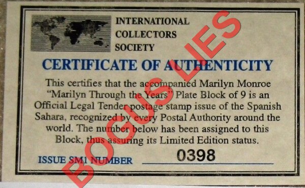 Sahara Occ. RASD 1996 Marilyn Monroe Counterfeit Illegal Stamp Souvenir Sheet of 9 Bogus ICS Certificate Sahara Occ. RASD 1996 Marilyn Monroe Counterfeit Illegal Stamp Souvenir Sheet of 9 Bogus ICS Certificate