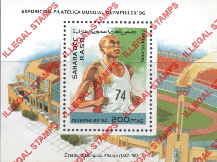 Sahara Occ. RASD 1996 Olymphilex Stadiums Counterfeit Illegal Stamp Souvenir Sheet of 1 Sahara Occ. RASD 1996 Olymphilex Stadiums Counterfeit Illegal Stamp Souvenir Sheet of 1