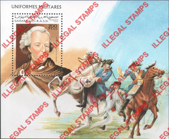Sahara Occ. RASD 1997 Soldiers Uniforms Counterfeit Illegal Stamp Souvenir Sheet of 1 Sahara Occ. RASD 1997 Soldiers Uniforms Counterfeit Illegal Stamp Souvenir Sheet of 1