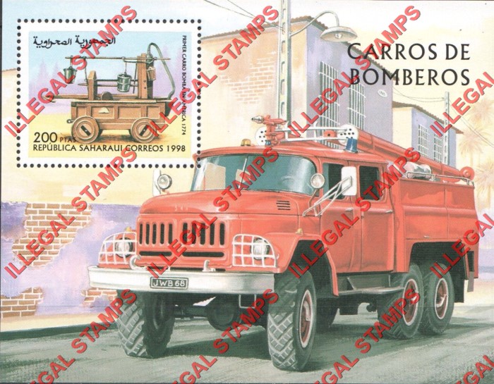 Republica Saharaui 1998 Fire Engines Counterfeit Illegal Stamp Souvenir Sheet of 1 Republica Saharaui 1998 Fire Engines Counterfeit Illegal Stamp Souvenir Sheet of 1